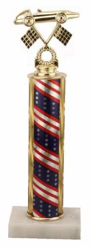 Racing Trophy - Asian Marble Base - Flag / Gold Trim - Choose Your Size