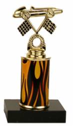 Racing Trophy - Black Marble Base - Derby Car with Flags - Choose Column - 7.0"