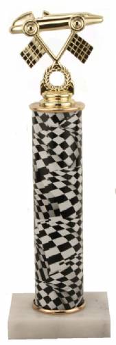 racing trophy set of 3  gold columns white marble base checkered flag award 