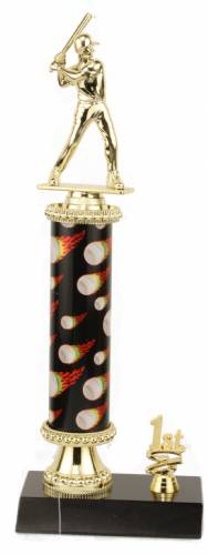 Male Baseball Trophy - Black Marble Base - Flame Column