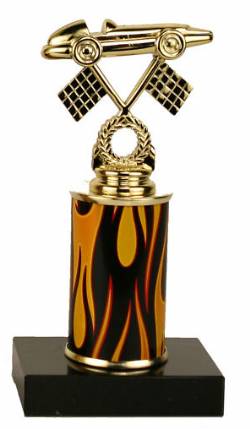 Racing Trophy - Black Marble Base - Derby Car with Flags - Choose Column - 7.0"