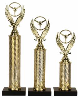 Racing Trophy Set of 3 - Black Marble Base - Aluminum Column - Gold/Gold
