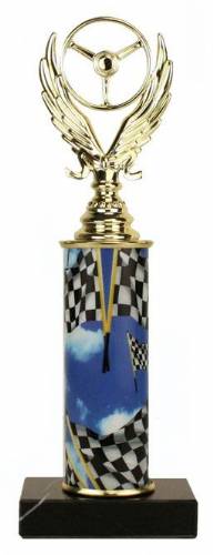 Racing Trophy - Black Marble Base - Winged Wheel - Choose Column - Choose Size